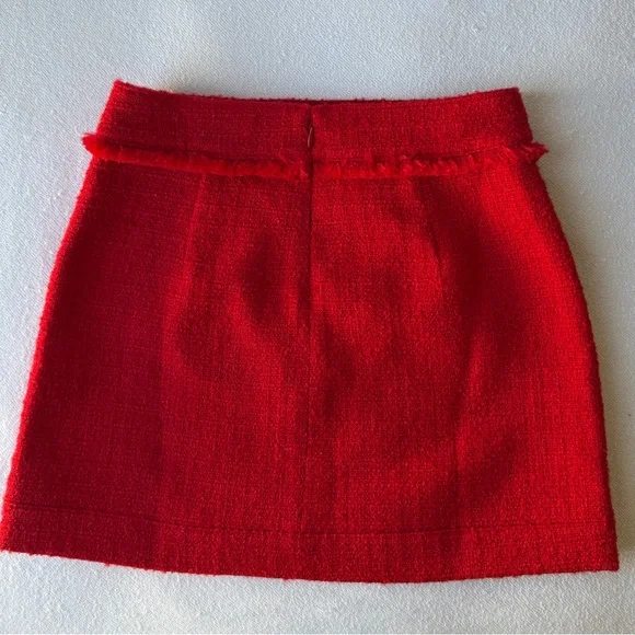 J.Crew Red Tweed Mini Skirt Gold Button Pockets Fringe Trim Classic Parisian - Picture 9 of 15